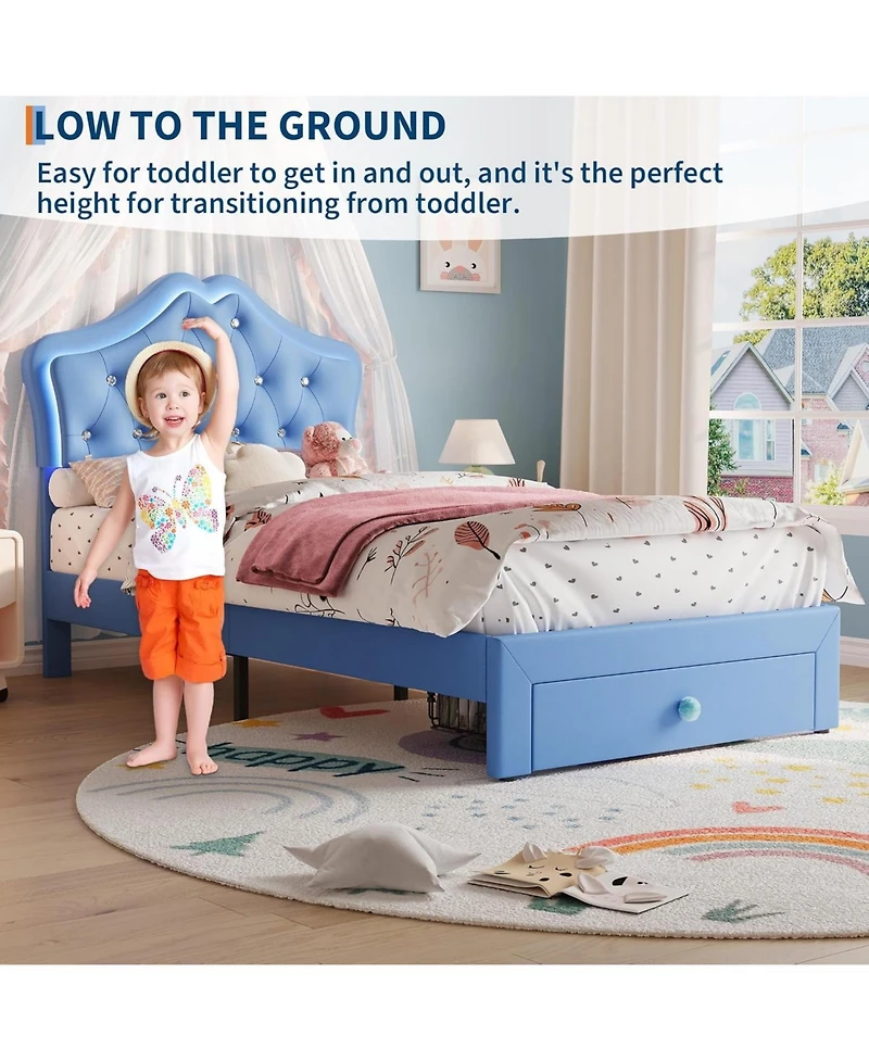 gaomon Twin Velvet Upholstered Platform Bed Led Lights Crystal Button Headboard Storage Drawer Noise-Free No Box Spring