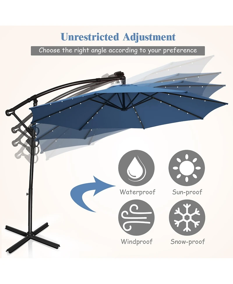 Gymax 10Ft Offset Hanging Umbrella Patio Outdoor w/ 32 Solar Led Lights