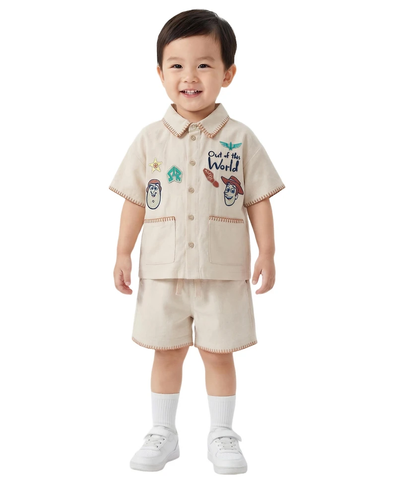 Toy Story Boys' 2T-5T Linen Short-Sleeve Shirt and Shorts, 2-Piece Set