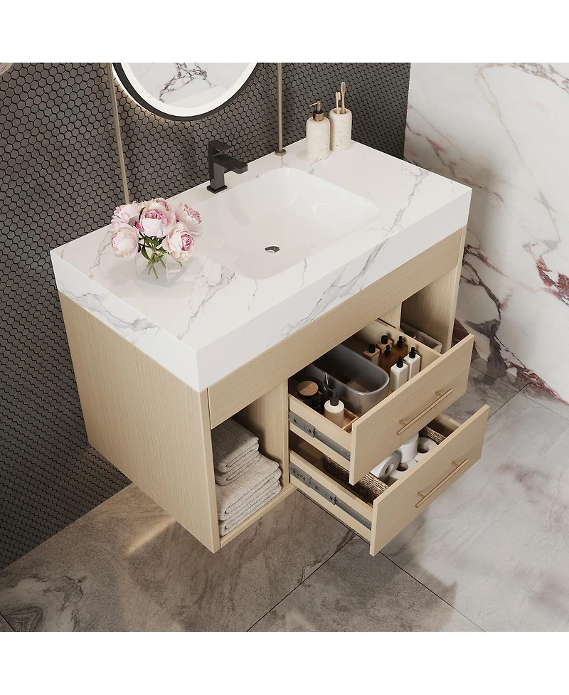 Sillysis 29.9" Floating Bathroom Vanity with Ceramic Sink, Sintered Stone Top, 2 Soft Close Drawers