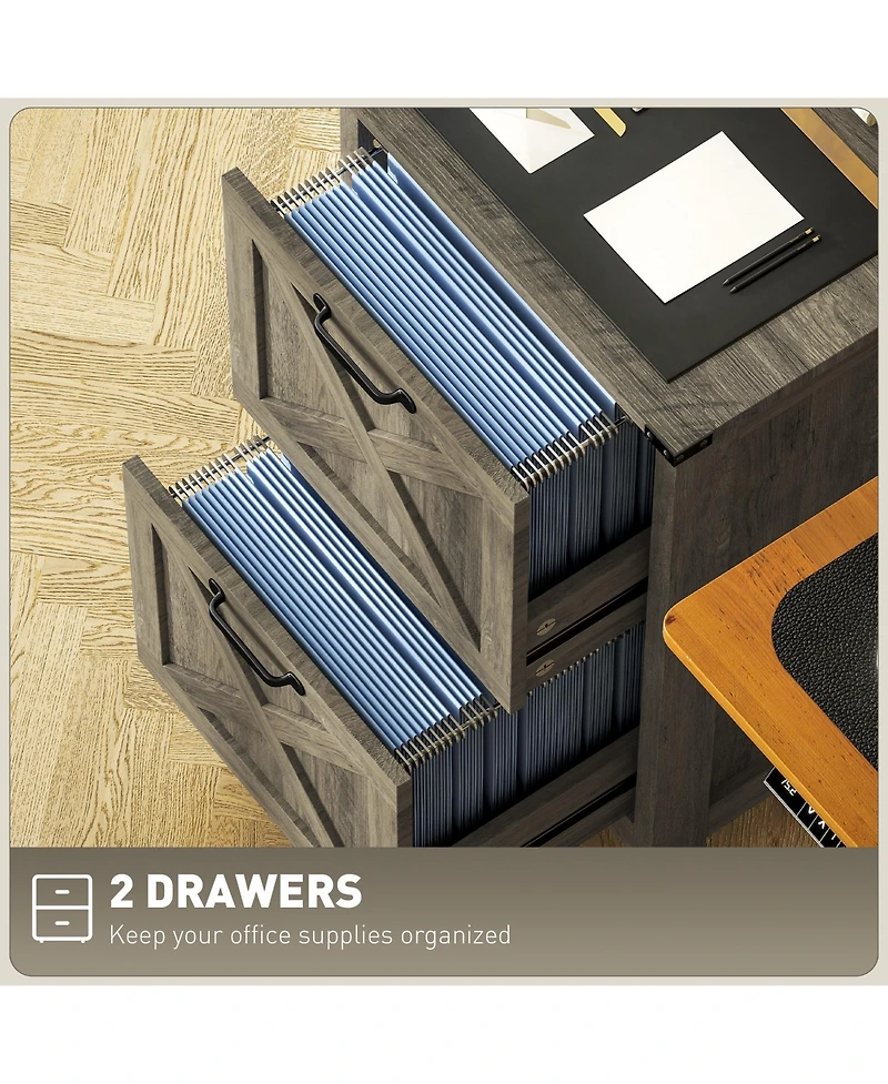 Rainsken 2 Drawer Vertical File Cabinet, Rustic Farmhouse Filing Cabinet with Barn Doors for A4/Letter Size, Printer Stand with Storage for Office