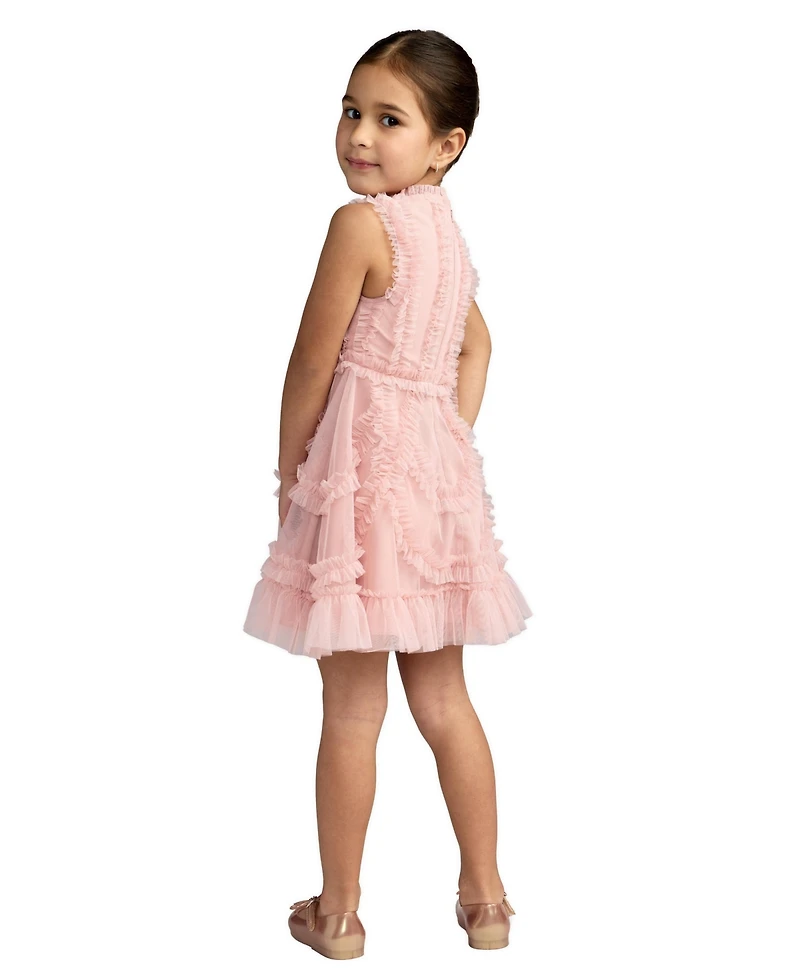 Girls High Neck Sleeveless Micro Ruffle Mini Dress