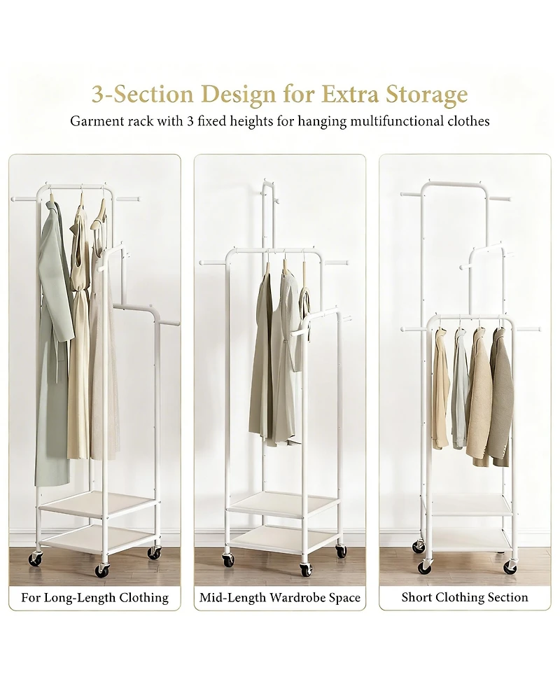 Yigii 71" Heavy Duty Metal Clothes Rack, 3-Section, 6 Hooks, 2 Shelves, Portable