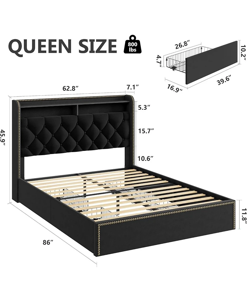 gaomon Queen Size Bed Frame with 4 Storage Drawers, Velvet Fabric Upholstered Platform Bed with Tufted Headboard, Wooden Slats, No Box Spring Required