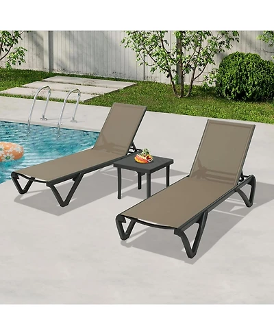 Clihome Lounge Chairs Set, Aluminum Adjustable Outdoor Chaise Lounge with Wheels, 2 Poolside Chairs,1 Side Table, Textilene