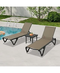 Clihome Lounge Chairs Set, Aluminum Adjustable Outdoor Chaise Lounge with Wheels, 2 Poolside Chairs,1 Side Table, Textilene