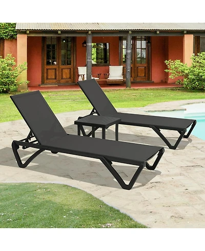 Clihome Lounge Chairs Set, Aluminum Adjustable Outdoor Chaise with Wheels, 2 Poolside Chairs,1 Side Table, Textilene