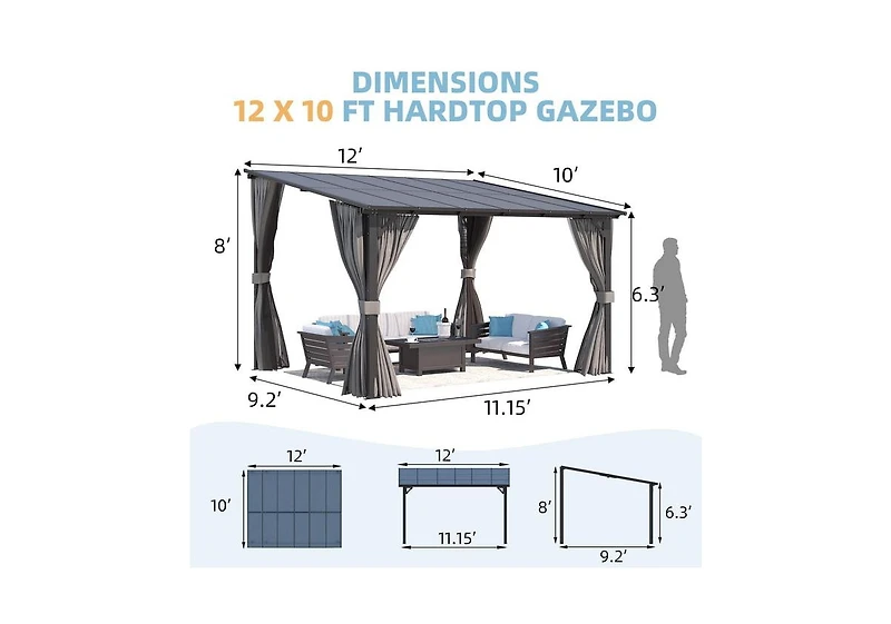 Aecojoy 12'x10' Wall Gazebo with Curtains and Mosquito Netting