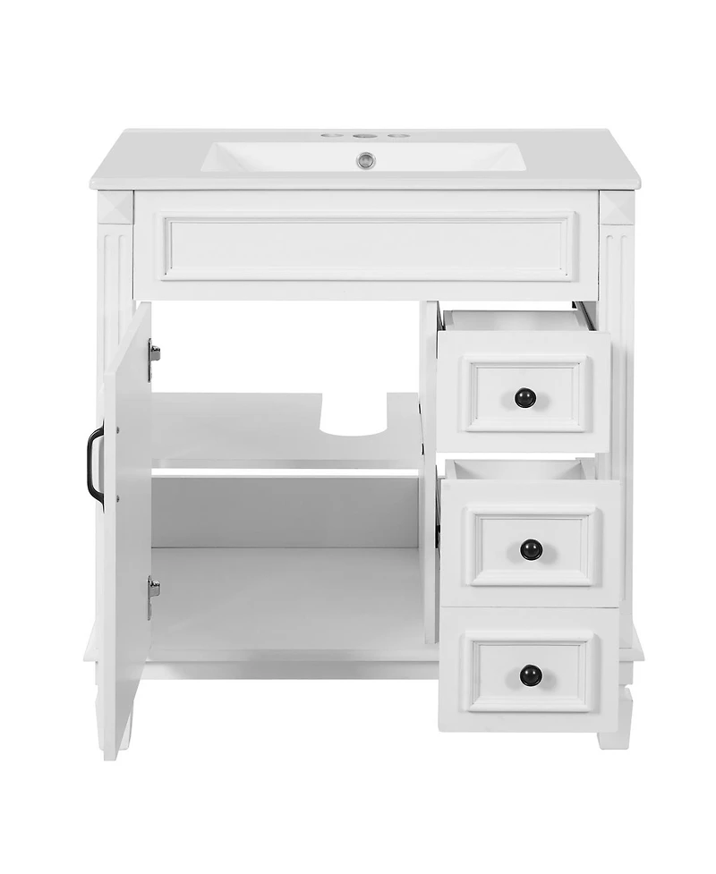 Sillysis 30 Inch Freestanding Bathroom Vanity with Ceramic Sink, French Modern Cabinet, Soft Close Drawers for Small Spaces