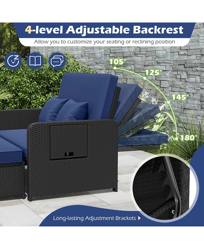 Gymax Set of 2 Pe Wicker Outdoor Daybed w/4-Level Adjustable Backrest Storage Ottoman