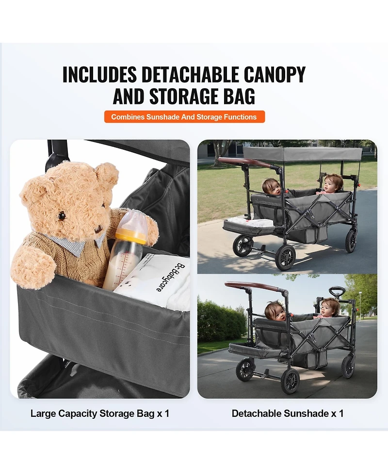 Rainsken Wagon Stroller for 2 Kids, Push Pull Quad Collapsible Stroller with Adjustable Handle, Encircling Harness and Removable Canopy for Camping