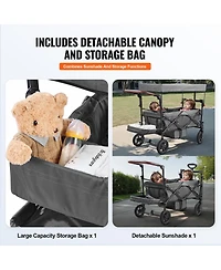Rainsken Wagon Stroller for 2 Kids, Push Pull Quad Collapsible Stroller with Adjustable Handle, Encircling Harness and Removable Canopy for Camping