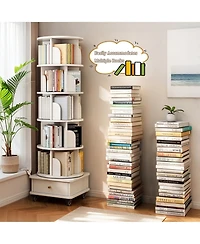 Rainsken 6 Tier Rotating Bookshelf with Drawers On Wheel, 360° Display Spinning Corner Bookcase, Wooden Storage Rack for Study Room, Office