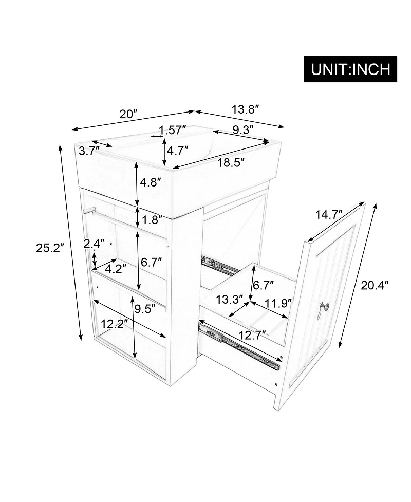 Sillysis 20" Bathroom Vanity with Ceramic Sink, Wall Mounted Storage Cabinet Drawer & Side Shelf for Small Bathrooms