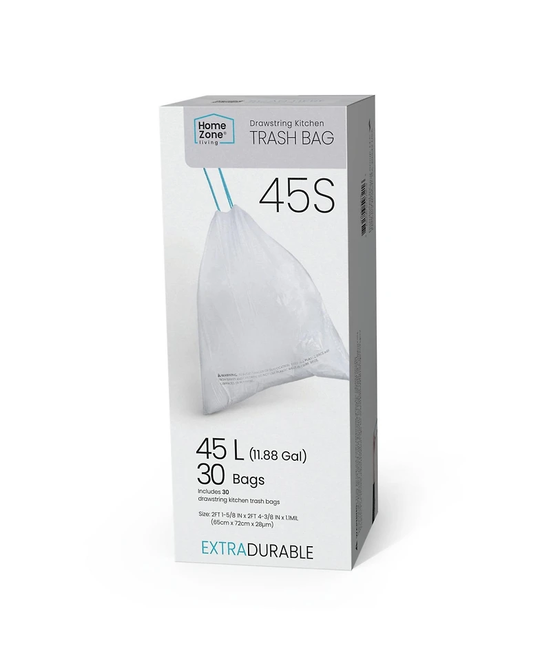 Home Zone Living Code 45S Drawstring Kitchen Trash Bags Custom Fit for 12 Gallon Bins, 30-Count