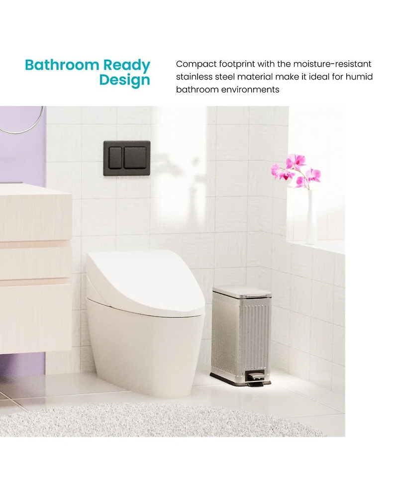 Home Zone Living 3 Gallon Slim Stainless Steel Trash Can with Reeded Pattern, Step Pedal and Soft Close Lid