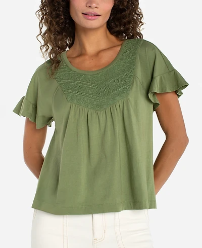 Liverpool Los Angeles Petite Flutter-Sleeve Round Neck Woven Top