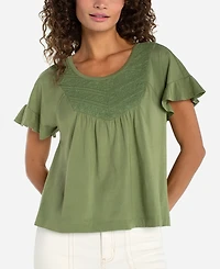 Liverpool Los Angeles Petite Flutter-Sleeve Round Neck Woven Top