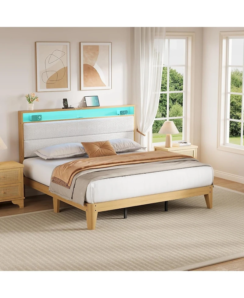 gaomon Full Upholstered Bed Storage Headboard Led Boucle Platform Charging Station No Box Spring Easy Assembly