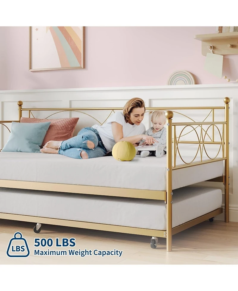 gaomon Twin Metal Daybed Frame with Trundle Heavy Duty Slats Platform Sofa Bed Lockable Casters for Living Room Bedroom Guest