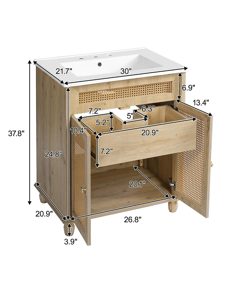 Sillysis Natural Bathroom Vanity with Resin Sink, Freestanding Cabinet with Rattan Doors & Soft Close for Modern Storage