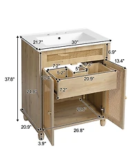 Sillysis Natural Bathroom Vanity with Resin Sink, Freestanding Cabinet with Rattan Doors & Soft Close for Modern Storage