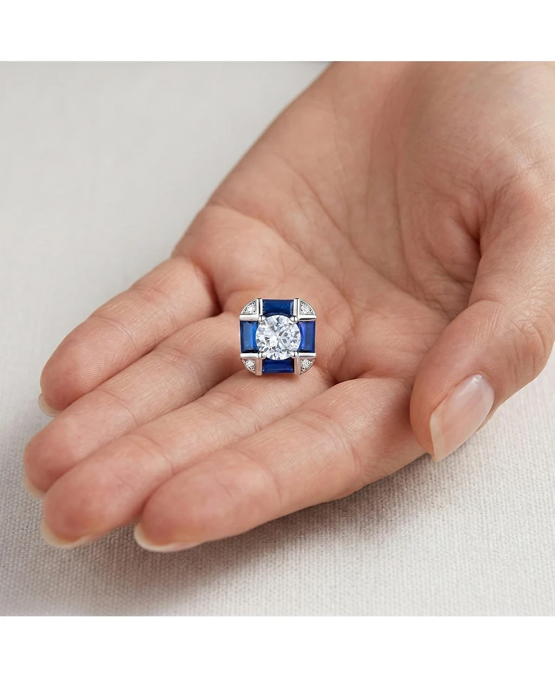 Genevive Sterling Silver White Gold Plated with Blue & Vintage Cushion Geometric Stud Earrings