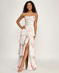 Seni & Cade Women's Floral Strapless Pleated Square Neck Drop Waist Dress