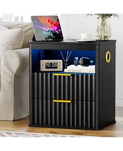 Vlrska 19.7-inch Wide Nightstand with Motion Sensor Function, Led Lights, and Wireless Charging Station