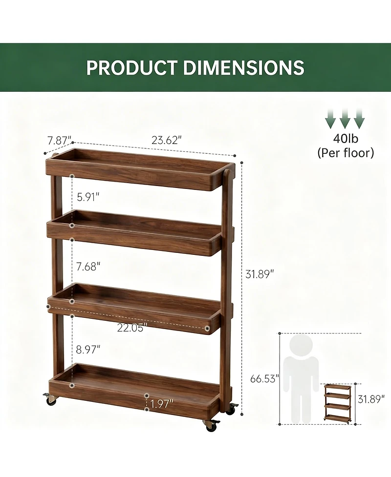 Yigii Solid Wood 4-Shelf Rolling Cart for Home Storage