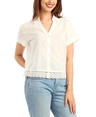 Bcx Women's Mini Floral Eyelet Collared Top