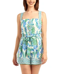 Bcx Women's Poplin Printed Button-Front Romper