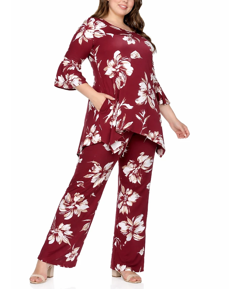 White Mark Plus Floral Tunic Top Wide-Leg Pant Set