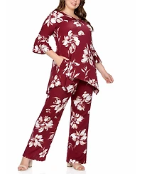 White Mark Plus Floral Tunic Top Wide-Leg Pant Set