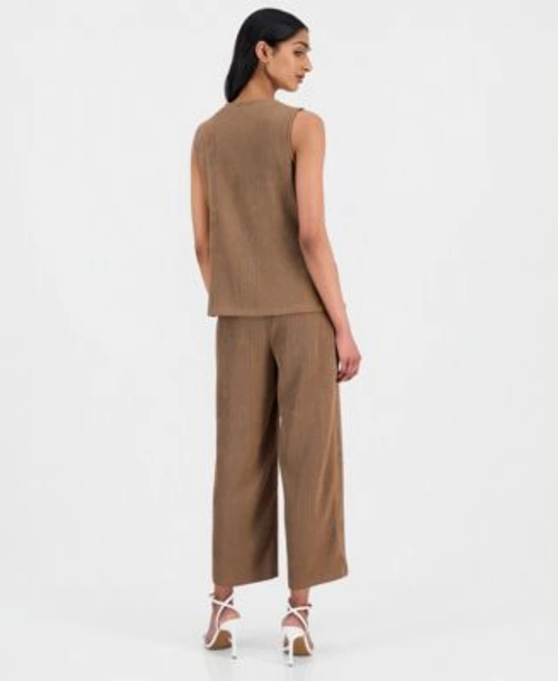 Anne Klein Womens Crinkle Knit Sleeveless Button Front Top Crinkle Knit Pull On Wide Leg Pants