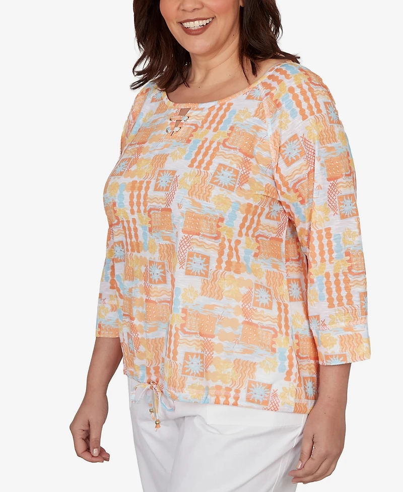 Hearts Of Palm Plus Printed Slub Blouson Top with Three-Quarter-Sleeves