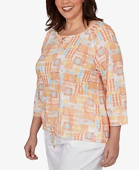 Hearts Of Palm Plus Printed Slub Blouson Top with Three-Quarter-Sleeves