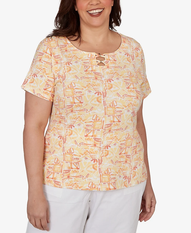 Hearts Of Palm Plus Printed Stretch Jersey Short-Sleeve Bead Neck Top