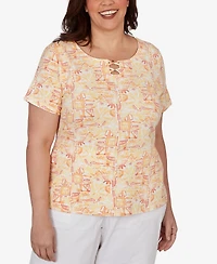 Hearts Of Palm Plus Printed Stretch Jersey Short-Sleeve Bead Neck Top