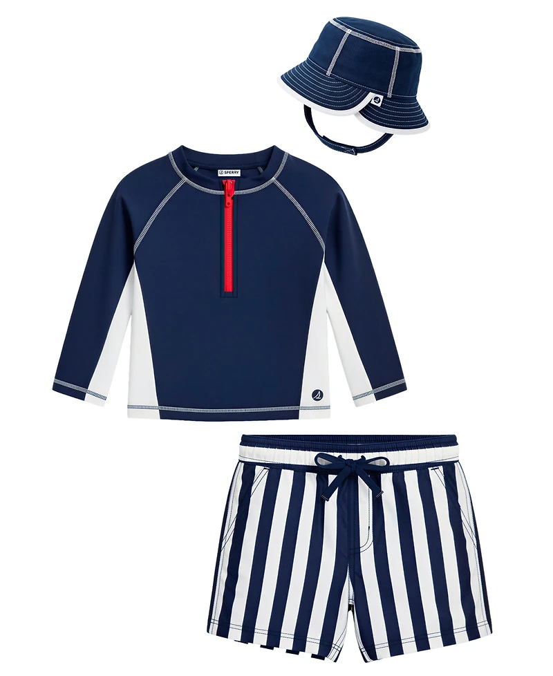Sperry Baby Boys' Long-Sleeve Rashguard, Swim Trunks and Sun Hat, 3-Piece Set