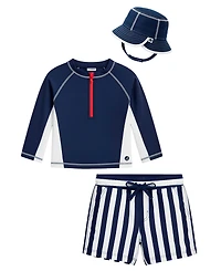 Sperry Baby Boys' Long-Sleeve Rashguard, Swim Trunks and Sun Hat, 3-Piece Set