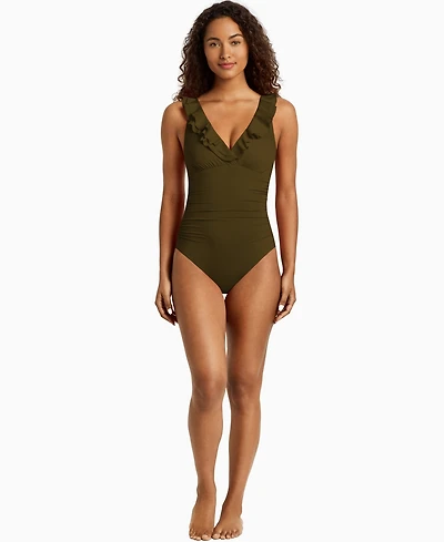 Lauren Ralph Women's Ruffle Surplice One-Piece Swimsuit