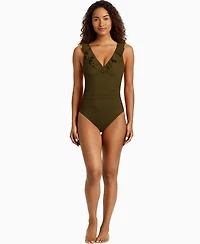 Lauren Ralph Women's Ruffle Surplice One-Piece Swimsuit