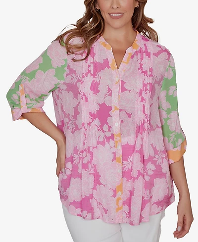 Ruby Rd. Plus Color Block Floral Pintuck Gauze Top