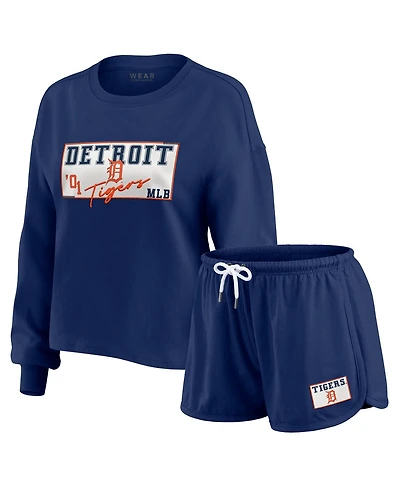 Wear by Erin Andrews Women's 2-Piece Navy Detroit Tigers Heavy Rugby Jersey Cropped Long Sleeve T-Shirt and Shorts Lounge Set