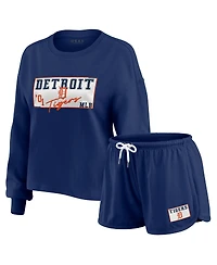 Wear by Erin Andrews Women's 2-Piece Navy Detroit Tigers Heavy Rugby Jersey Cropped Long Sleeve T-Shirt and Shorts Lounge Set
