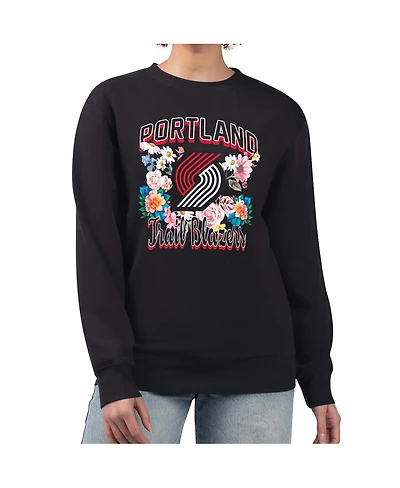 G-iii 4Her By Carl Banks Women's Black Portland Trail Blazers Flowers Team Logo Graphic Fleece Crewneck Pullover Sweatshirt