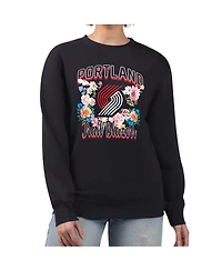 G-iii 4Her By Carl Banks Women's Black Portland Trail Blazers Flowers Team Logo Graphic Fleece Crewneck Pullover Sweatshirt