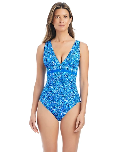 Bleu by Rod Beattie Women's Printed Deep V-Neck One-Piece Swimsuit