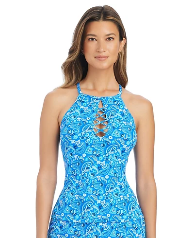 Bleu by Rod Beattie Women's High Neck Lattice-Front Swim Tankini Top